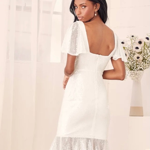 Maximum Sparkle White Sequin Flutter Sleeve Midi Dress - Picture 5 of 9